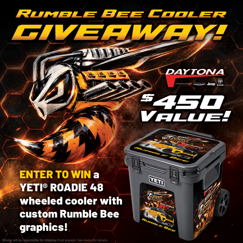 Promotional graphic for a Daytona Dodge Chrysler Jeep Ram giveaway featuring a custom Yeti Roadie 48 wheeled cooler with Rumble Bee graphics, valued at $450, set against a dark honeycomb and mechanical hornet background.